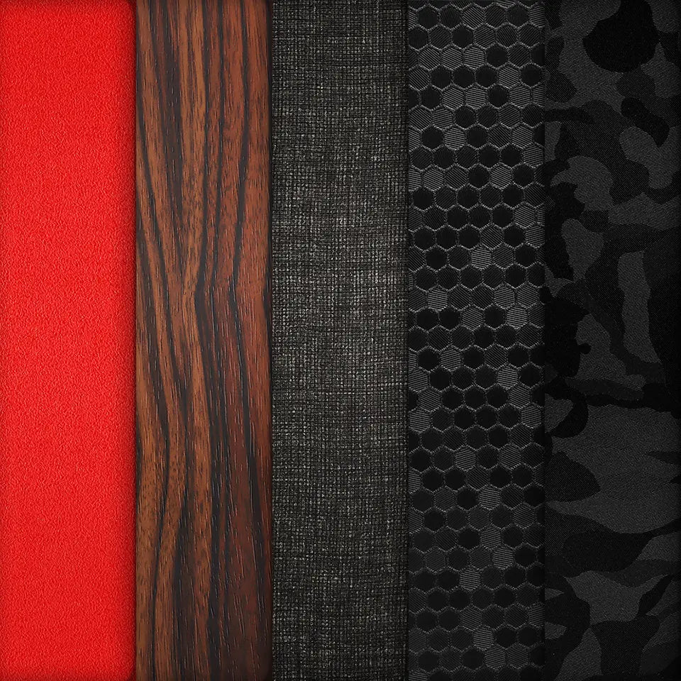Close-up of a collage of four different textures: wood texture mobile skins ,black leather mobile skins, camouflage mobile skins, and fabrix mobile skins.