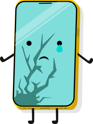 A broken phone with a teary face, symbolizing the need for protection and care through Gadgetshieldz products to prevent such mishaps in the future.
