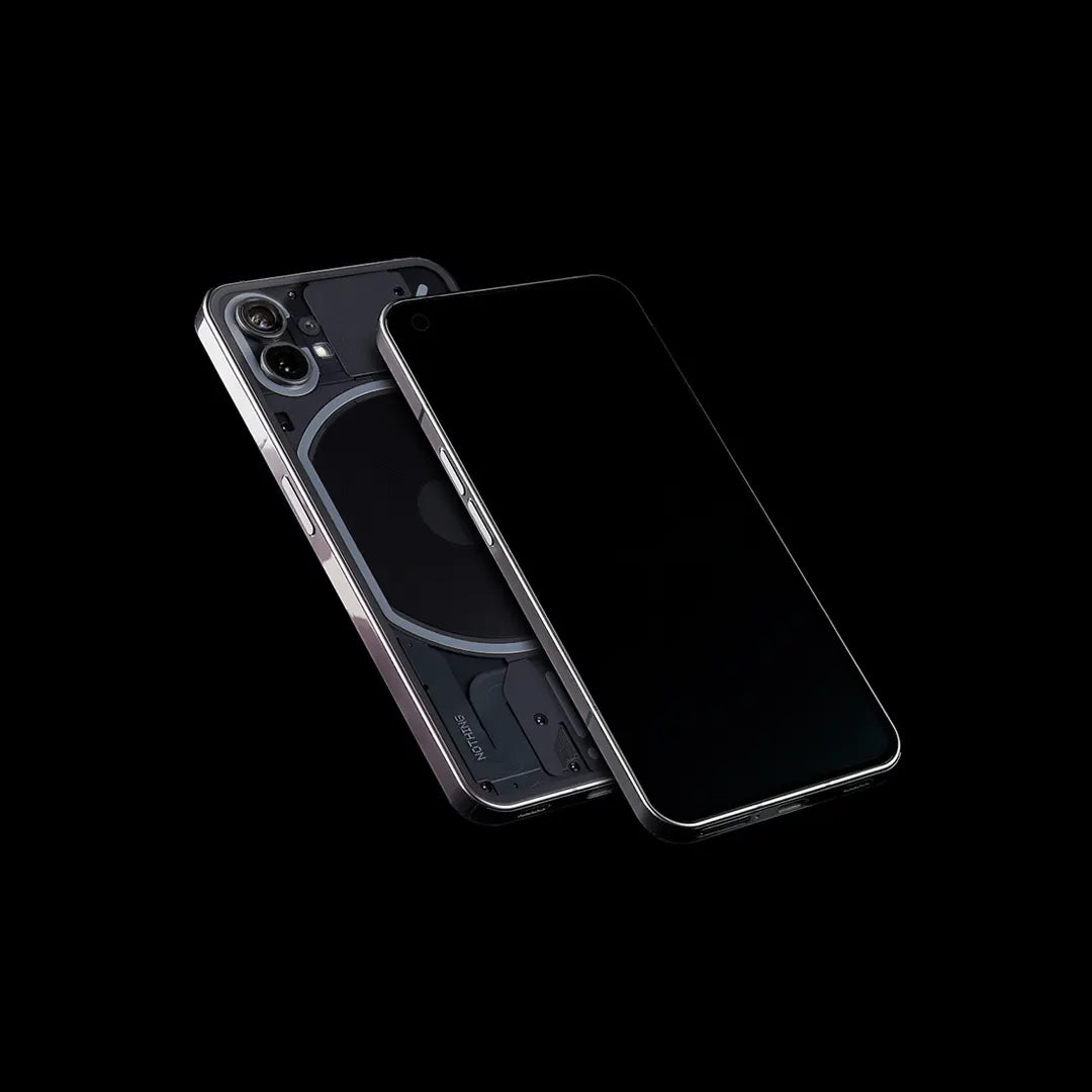 A black mobile phone with a virtually invisible screen protector and body protector film applied. The phone lays flat on a black background.